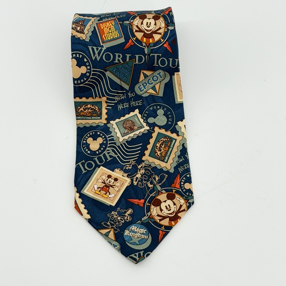Mickey Inc Disney World Tour Silk Tie Navy Blue Postcard Stamp Epcot MGM Retro